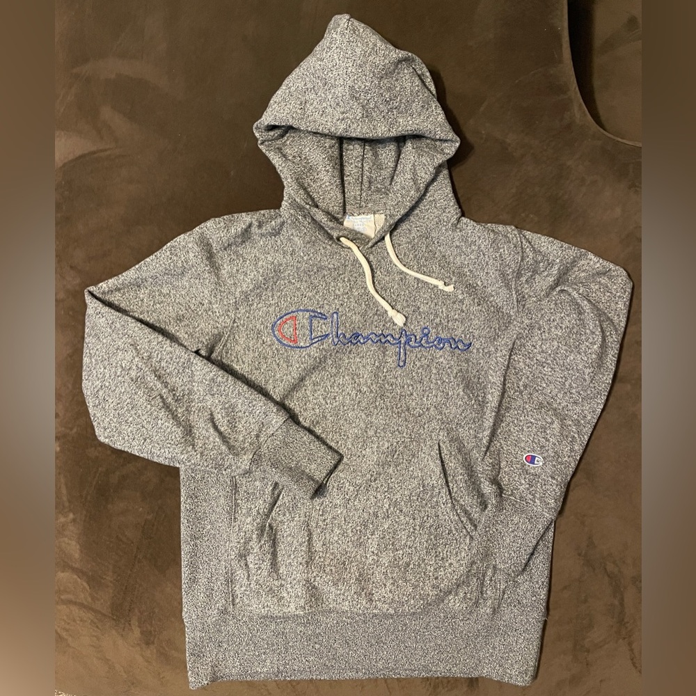 Y2K Champion Reverse Weave Hoodie Sweatshirt Gray Script Embroidered Logo Large